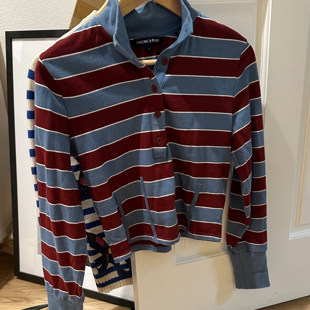 Veronica Beard Kids Button Down Shirt - Burgundy and Light Blue Stripes